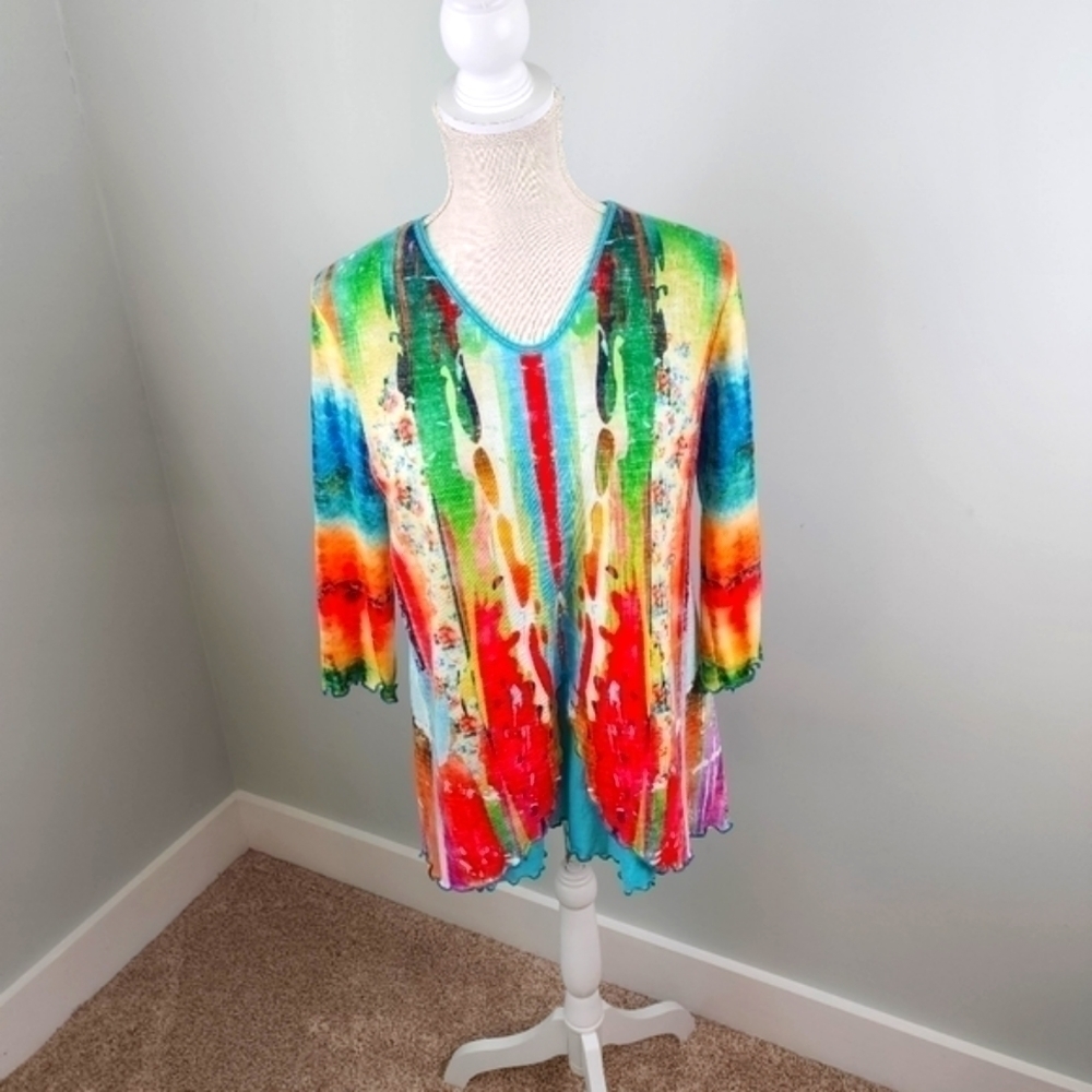 Amma Design Made in USA Multicolor Tie Dye V Neck Top Shirt Blouse BOHO Size Med